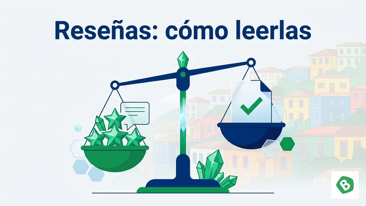 Balanza con estrellas y documentos para leer reseñas de Bumbet con criterio
